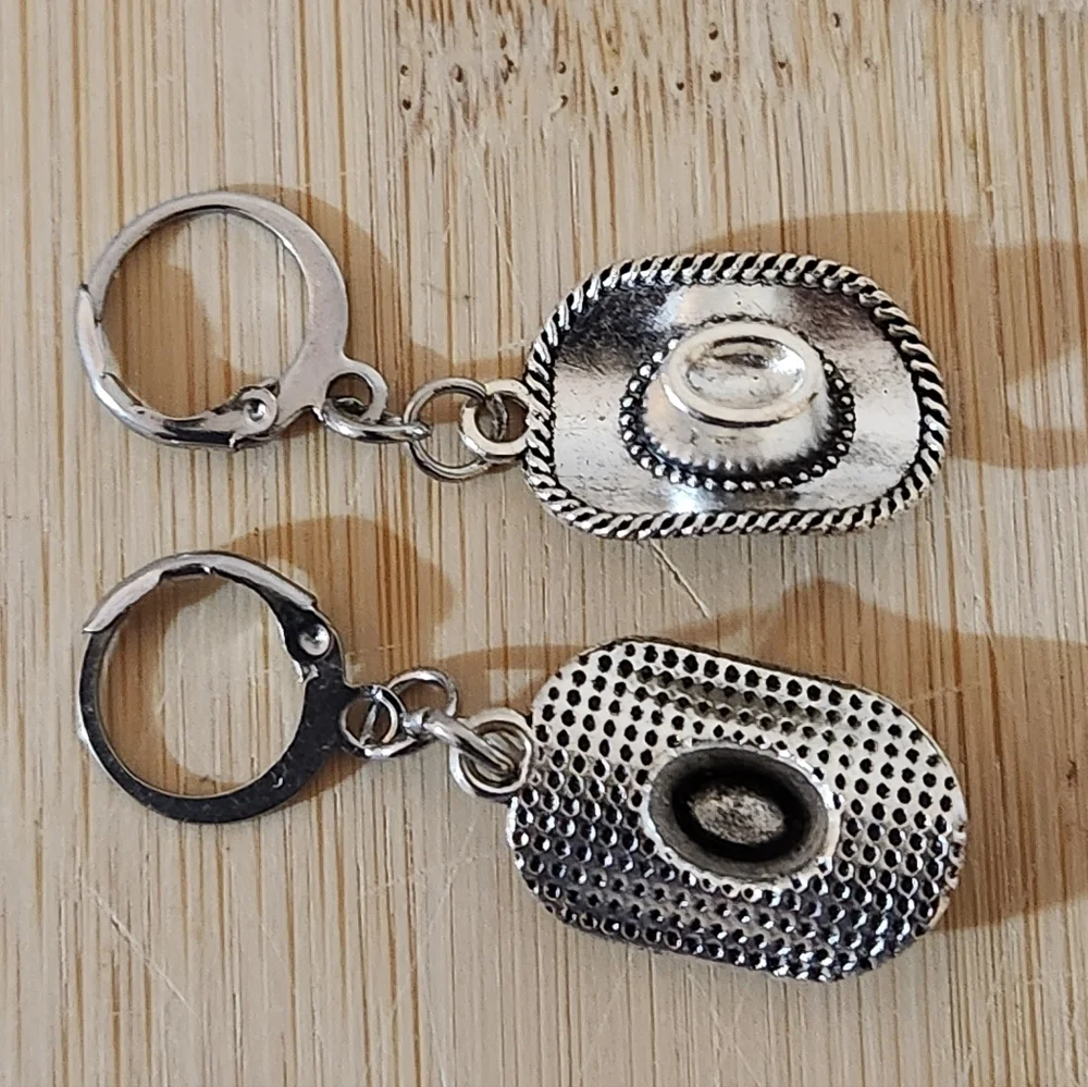 Hand Crafted Silver Cowboy Hat Dangle Pierced Earrings Cowgirl
